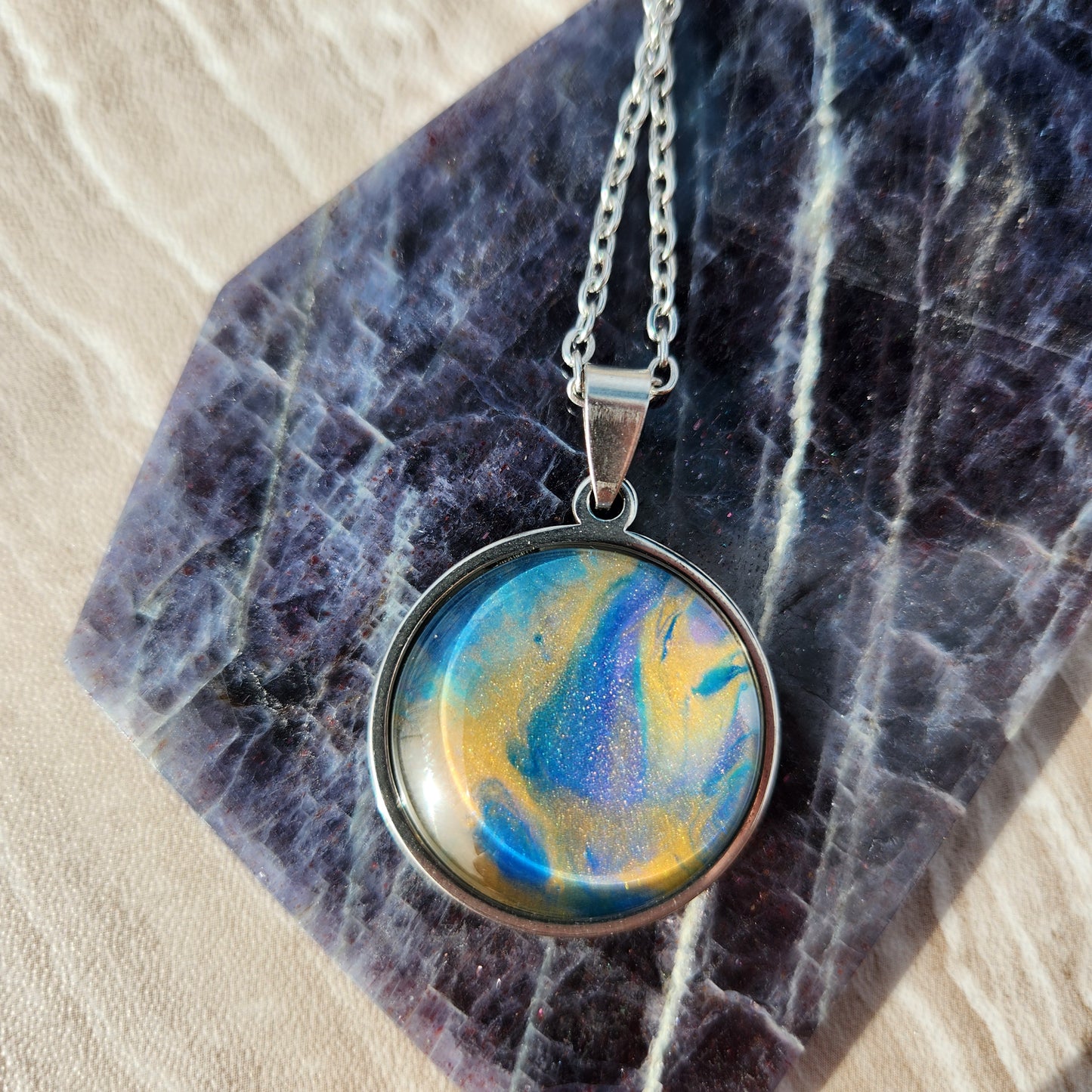 Flow Pendant - Gilded III - Hand Painted Glass Bezel Necklace - Custom Art Jewelry