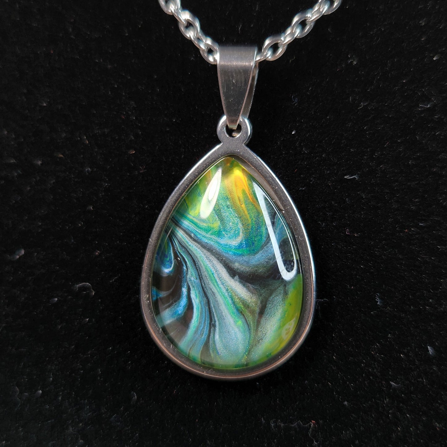 Flow Pendant - Blue Green Currents - Hand Painted Glass Bezel Necklace - Custom Art Jewelry