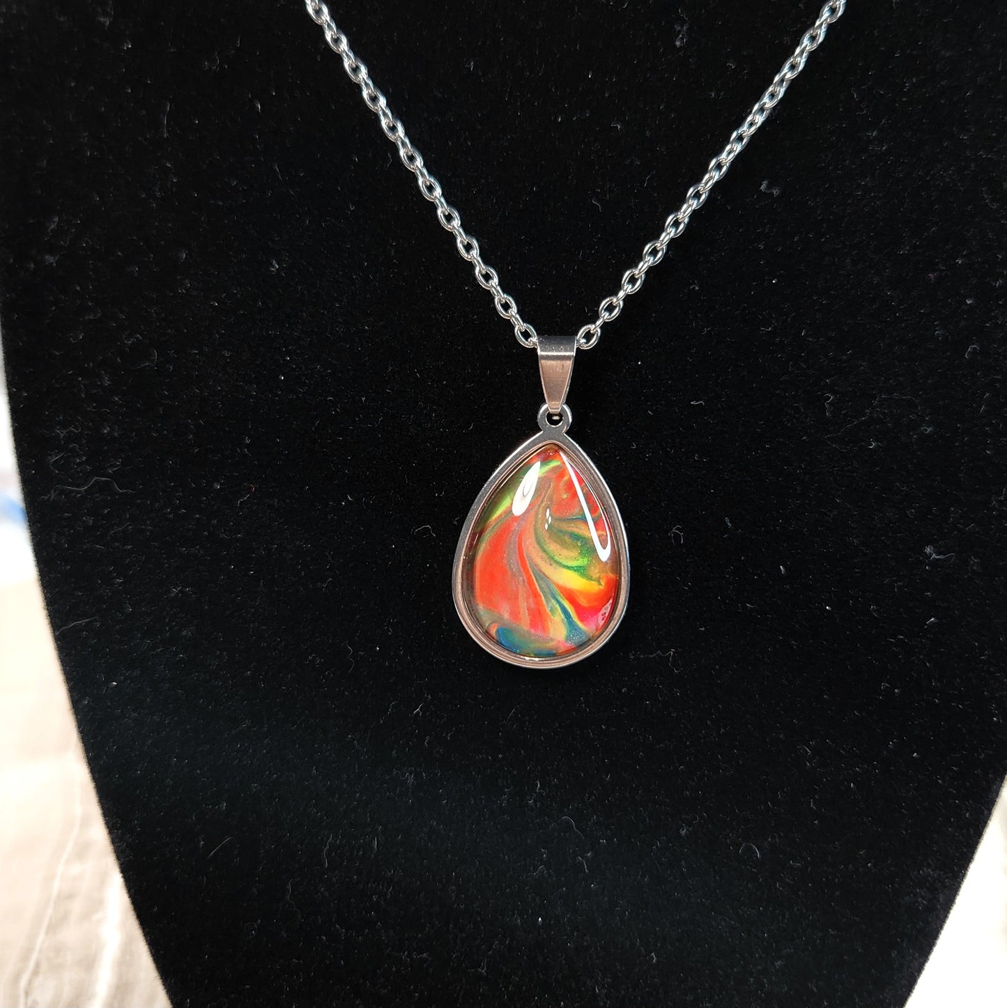 Flow Pendant - Groovy Red Currents - Hand Painted Glass Bezel Necklace - Custom Art Jewelry