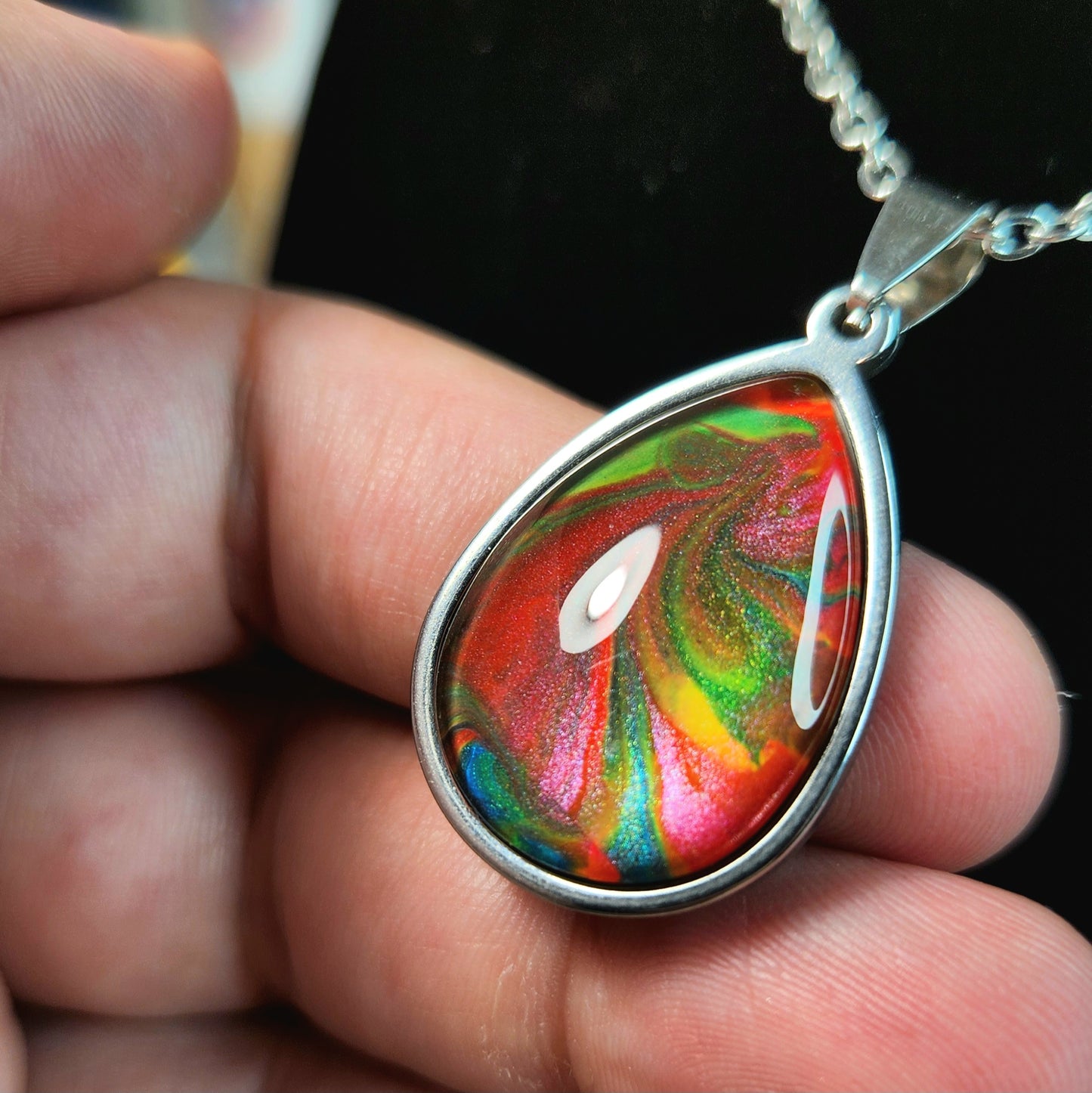 Flow Pendant - Groovy Red Currents - Hand Painted Glass Bezel Necklace - Custom Art Jewelry