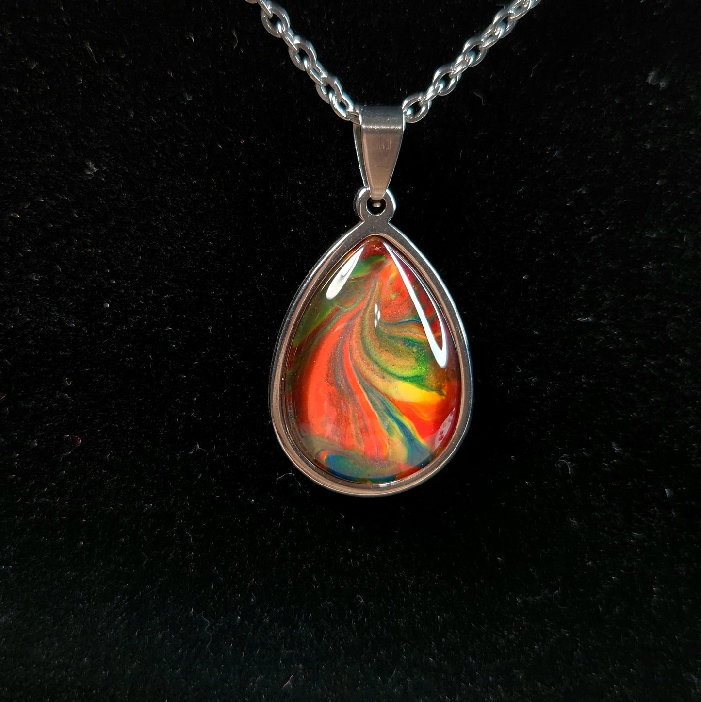 Flow Pendant - Groovy Red Currents - Hand Painted Glass Bezel Necklace - Custom Art Jewelry