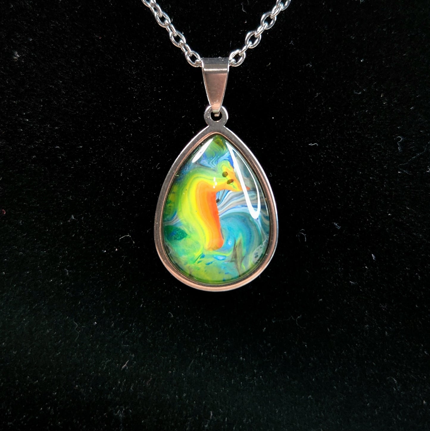 Flow Pendant - Rainbow Marble - Hand Painted Glass Bezel Necklace - Custom Art Jewelry