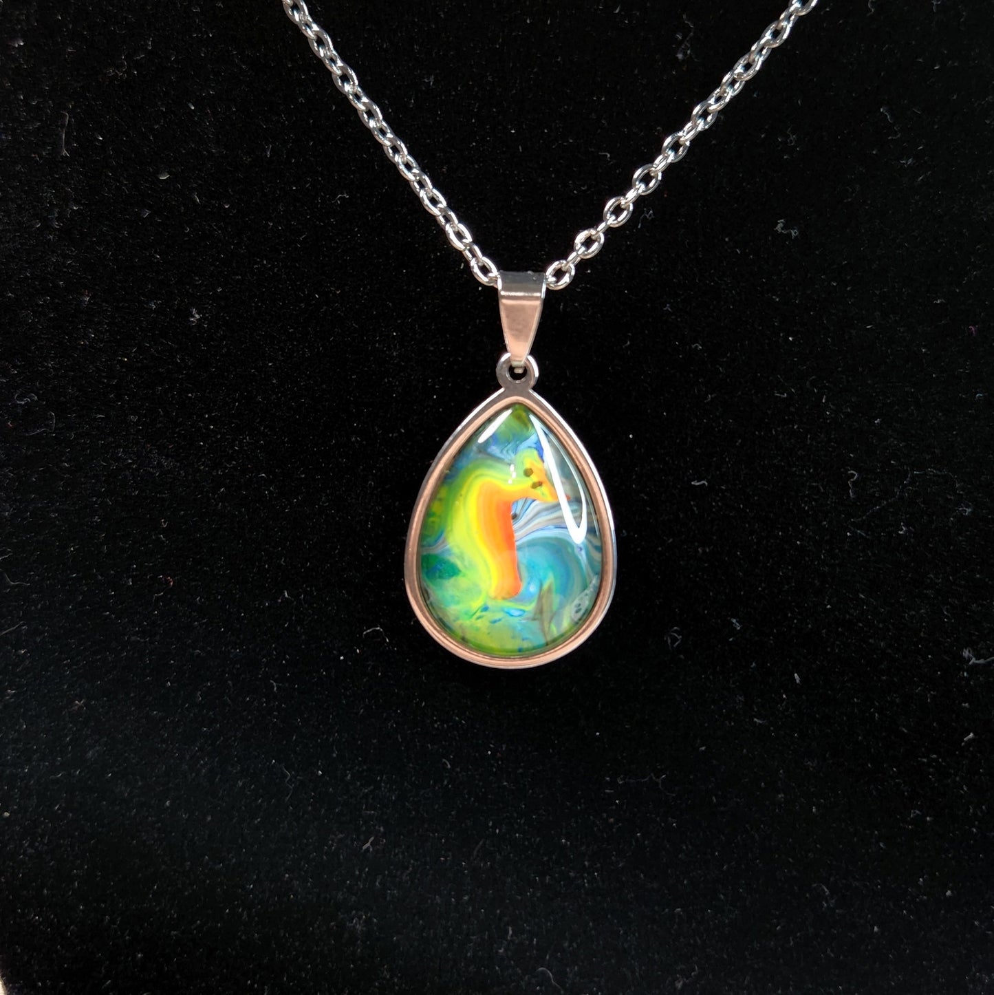 Flow Pendant - Rainbow Marble - Hand Painted Glass Bezel Necklace - Custom Art Jewelry