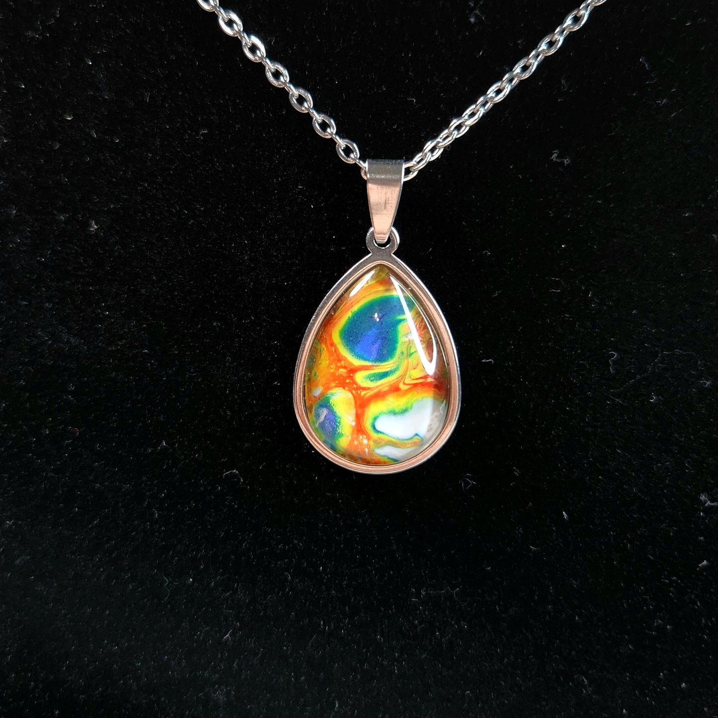 Flow Pendant - Rainbows Bubbling - Hand Painted Glass Bezel Necklace - Custom Art Jewelry