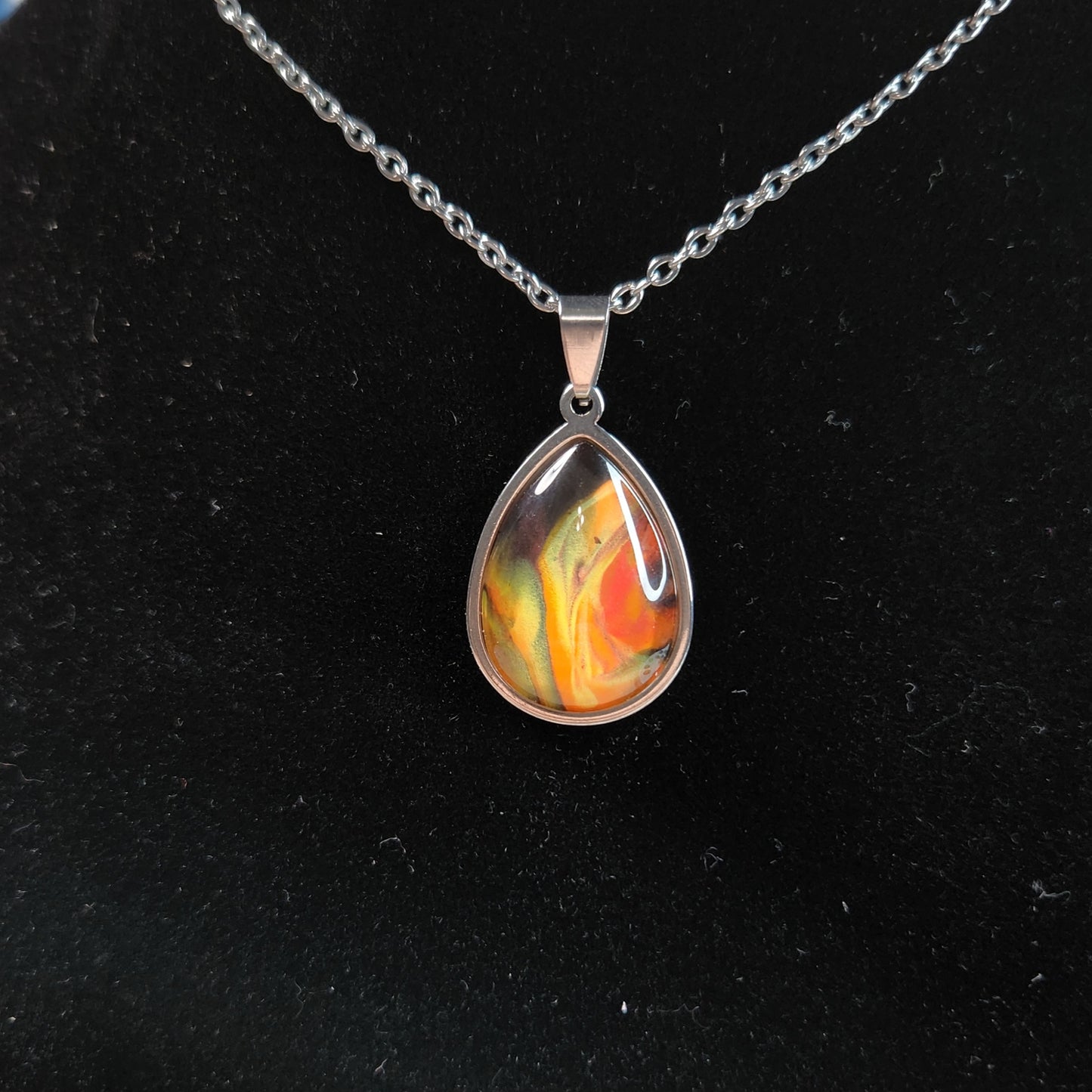 Flow Pendant - Dancing Flame - Hand Painted Glass Bezel Necklace - Custom Art Jewelry