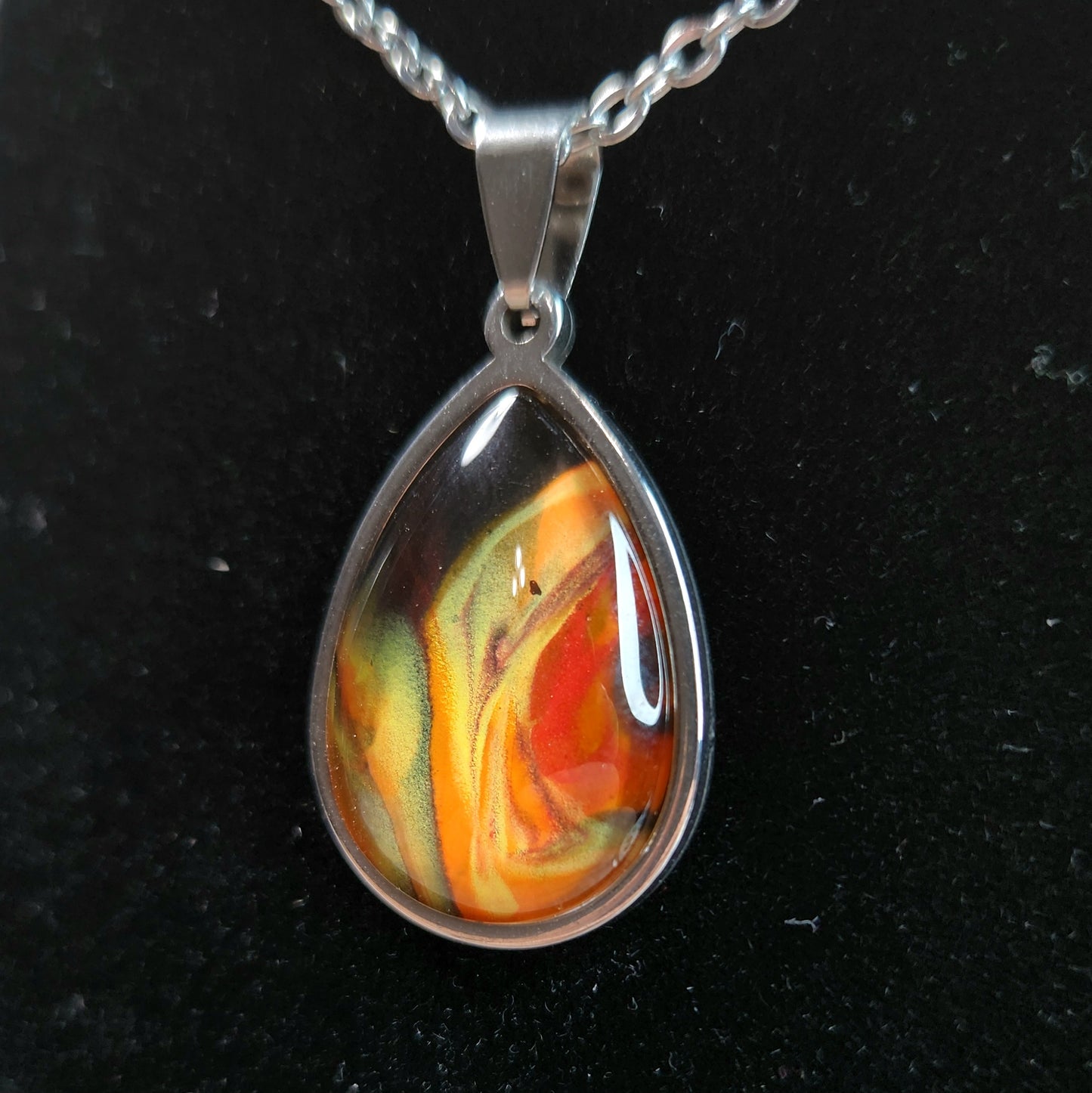 Flow Pendant - Dancing Flame - Hand Painted Glass Bezel Necklace - Custom Art Jewelry