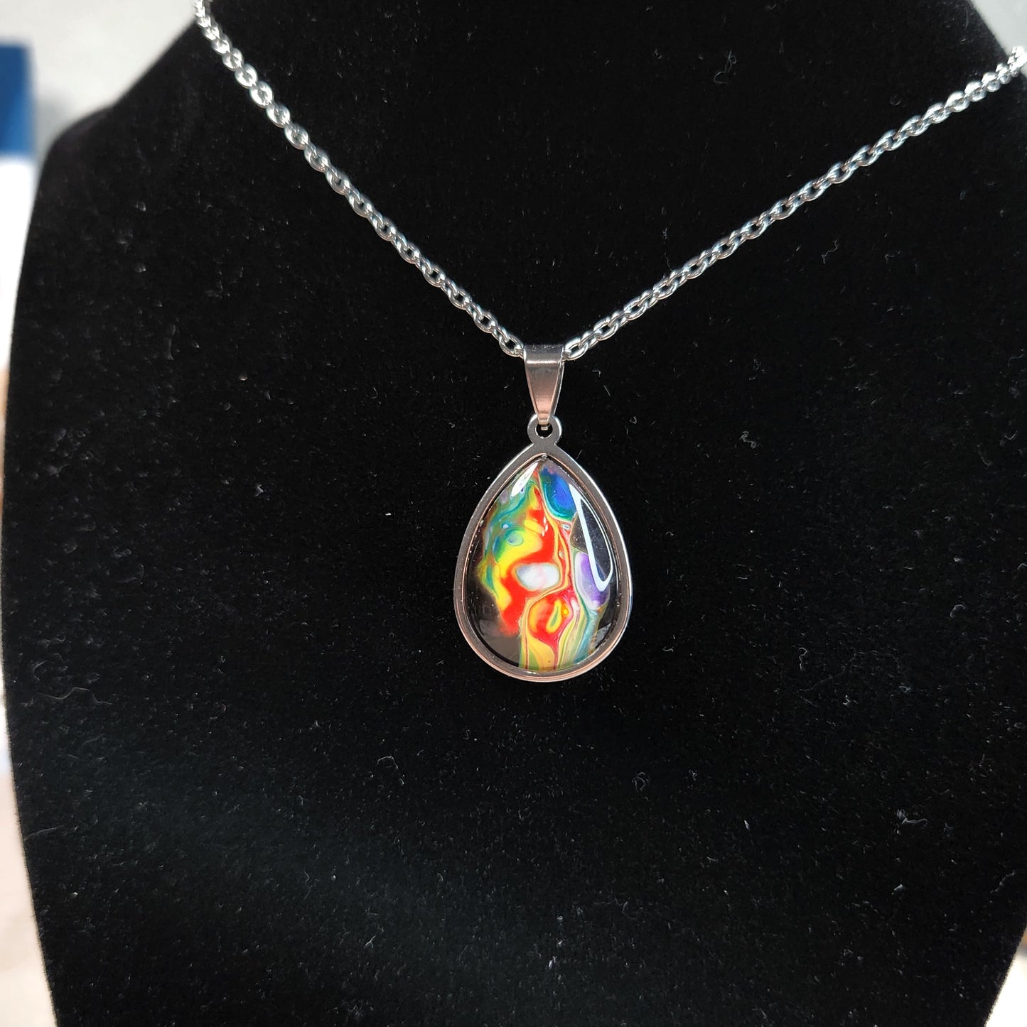 Flow Pendant - Rainbow River - Hand Painted Glass Bezel Necklace - Custom Art Jewelry