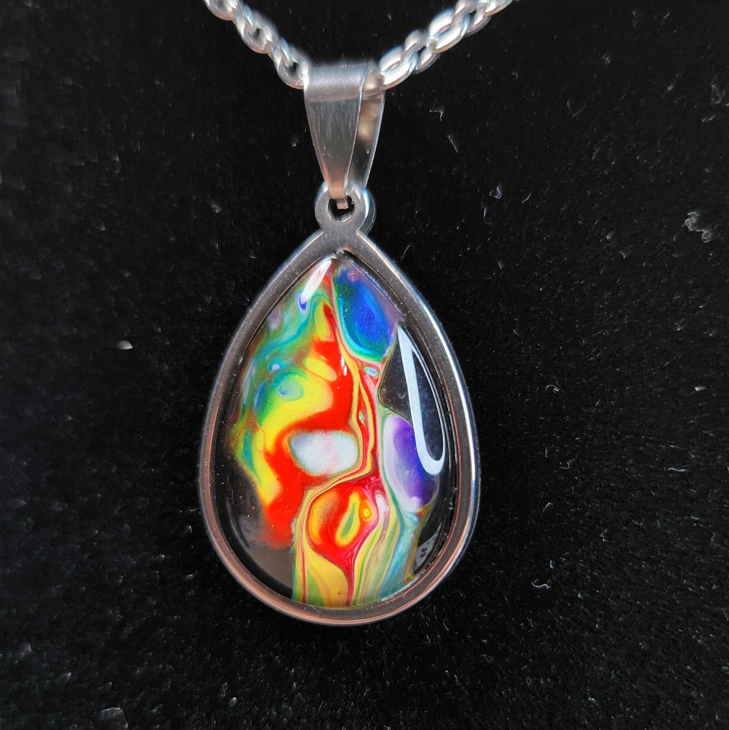 Flow Pendant - Rainbow River - Hand Painted Glass Bezel Necklace - Custom Art Jewelry