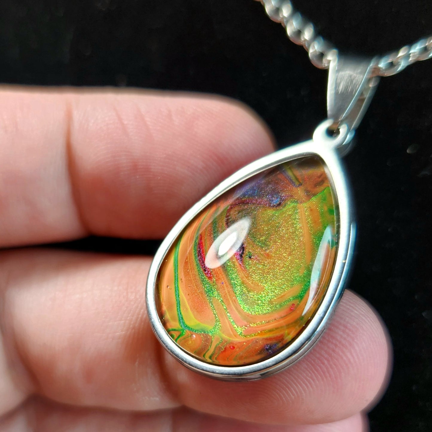Flow Pendant - Peach Galaxy - Hand Painted Glass Bezel Necklace - Custom Art Jewelry