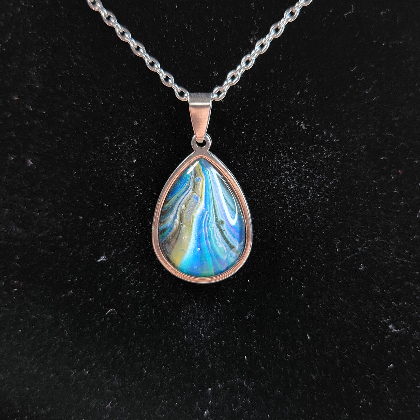 Flow Pendant - Blue Gold Currents - Hand Painted Glass Bezel Necklace - Custom Art Jewelry