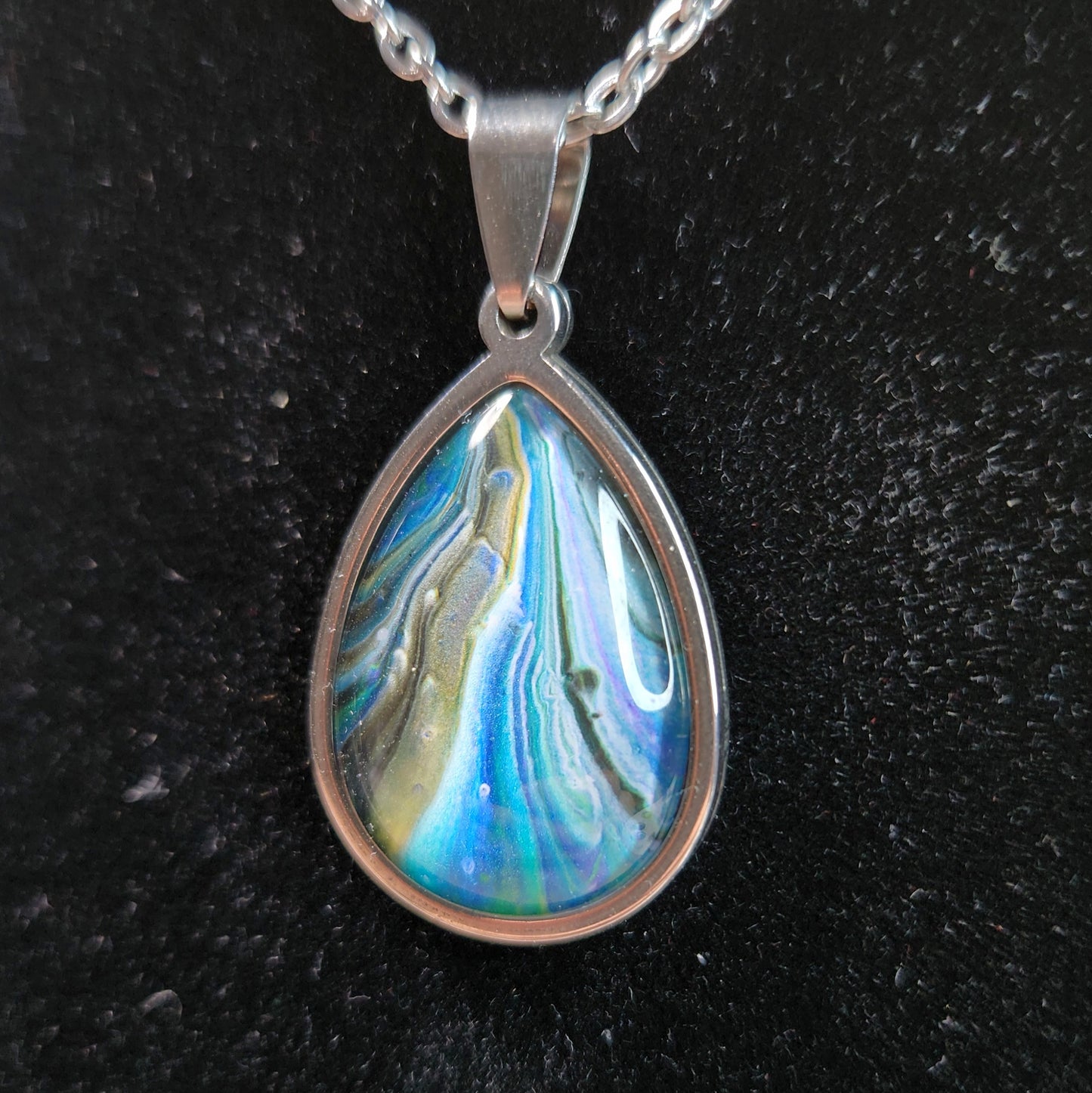 Flow Pendant - Blue Gold Currents - Hand Painted Glass Bezel Necklace - Custom Art Jewelry