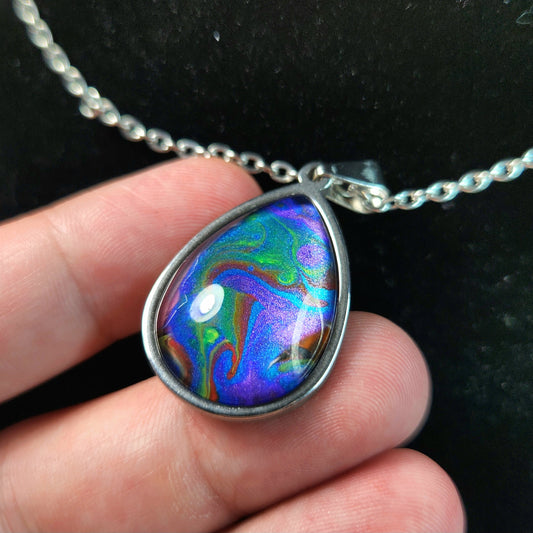 Flow Pendant - Ribbon Dance - Hand Painted Glass Bezel Necklace - Custom Art Jewelry