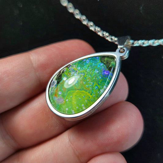 Flow Pendant - Meadow II - Hand Painted Glass Bezel Necklace - Custom Art Jewelry