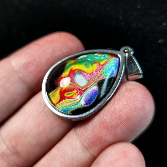 Flow Pendant - Rainbow River - Hand Painted Glass Bezel Necklace - Custom Art Jewelry