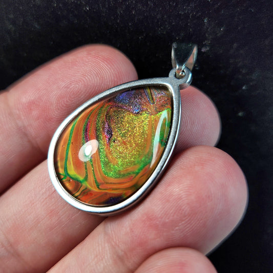 Flow Pendant - Peach Galaxy - Hand Painted Glass Bezel Necklace - Custom Art Jewelry
