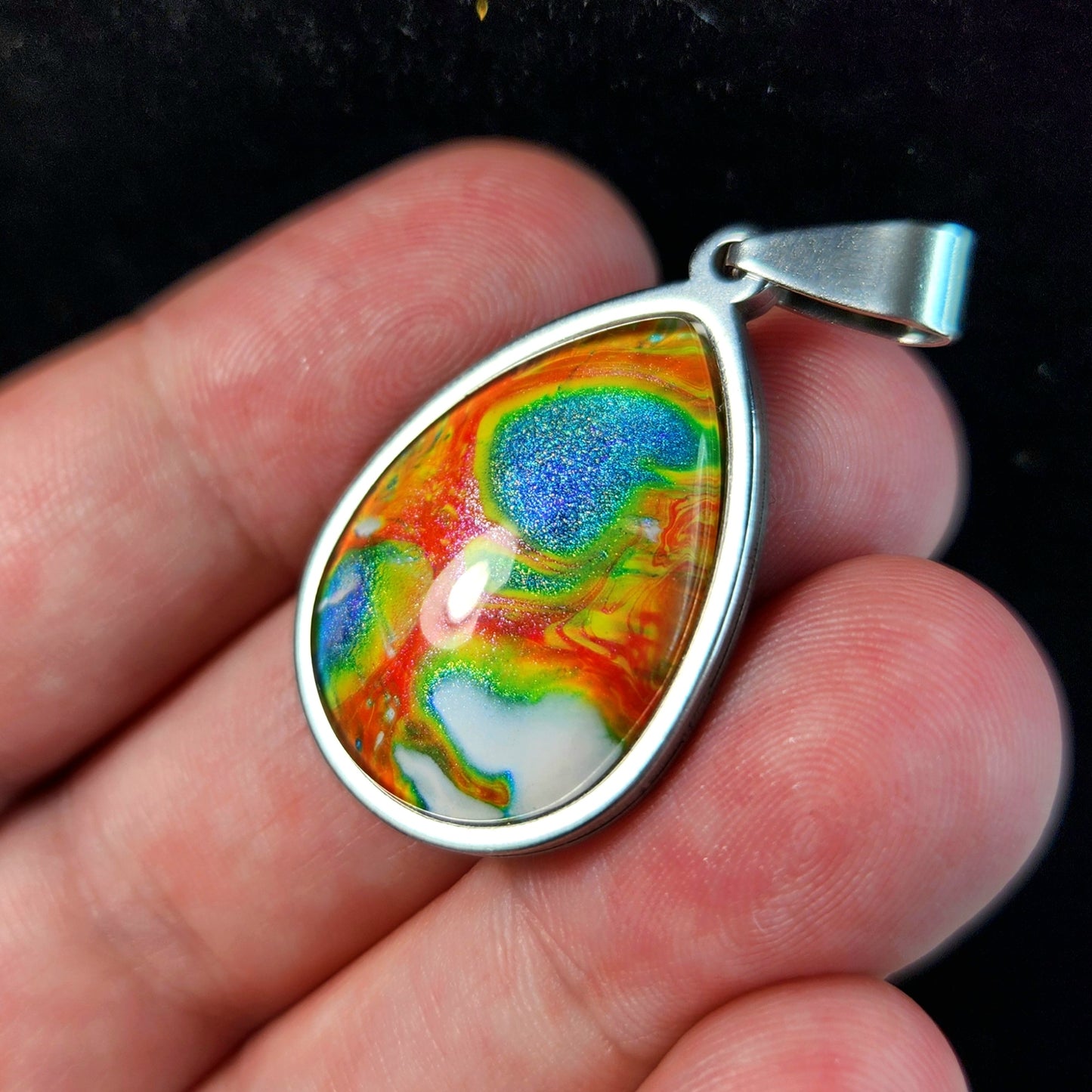 Flow Pendant - Rainbows Bubbling - Hand Painted Glass Bezel Necklace - Custom Art Jewelry
