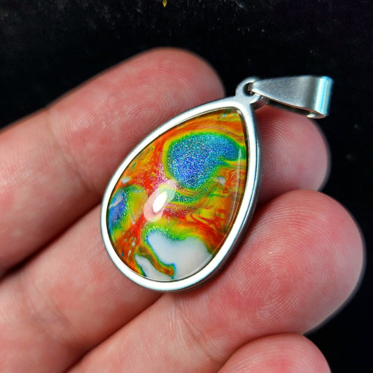 Flow Pendant - Rainbows Bubbling - Hand Painted Glass Bezel Necklace - Custom Art Jewelry