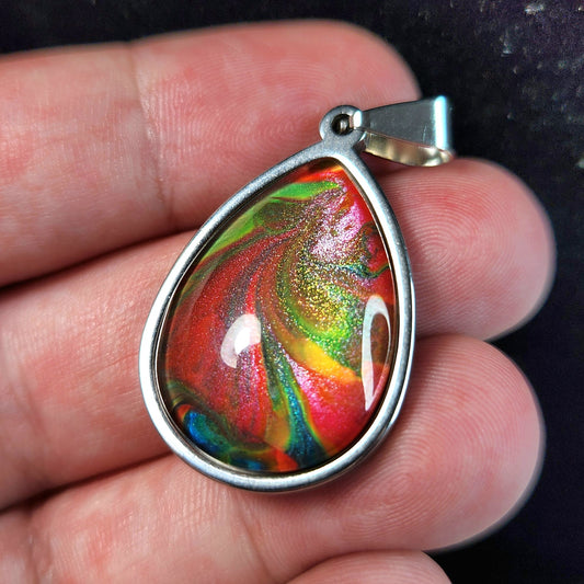 Flow Pendant - Groovy Red Currents - Hand Painted Glass Bezel Necklace - Custom Art Jewelry