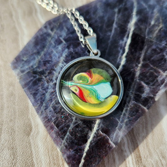 Flow Pendant - Rainbow Fish (Abyssal Horror) - Hand Painted Glass Bezel Necklace - Custom Art Jewelry