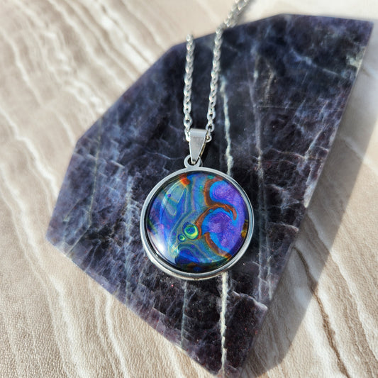 Flow Pendant - Rainbow Dance - Hand Painted Glass Bezel Necklace - Custom Art Jewelry