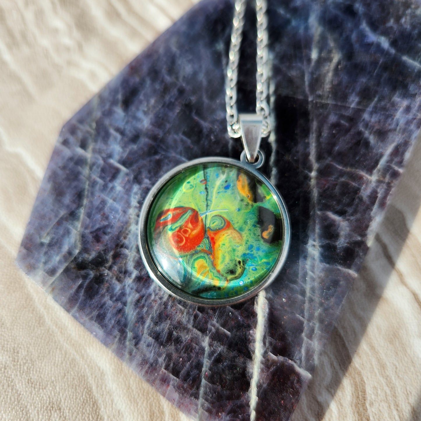 Flow Pendant - Piranha Plant - Hand Painted Glass Bezel Necklace - Custom Art Jewelry