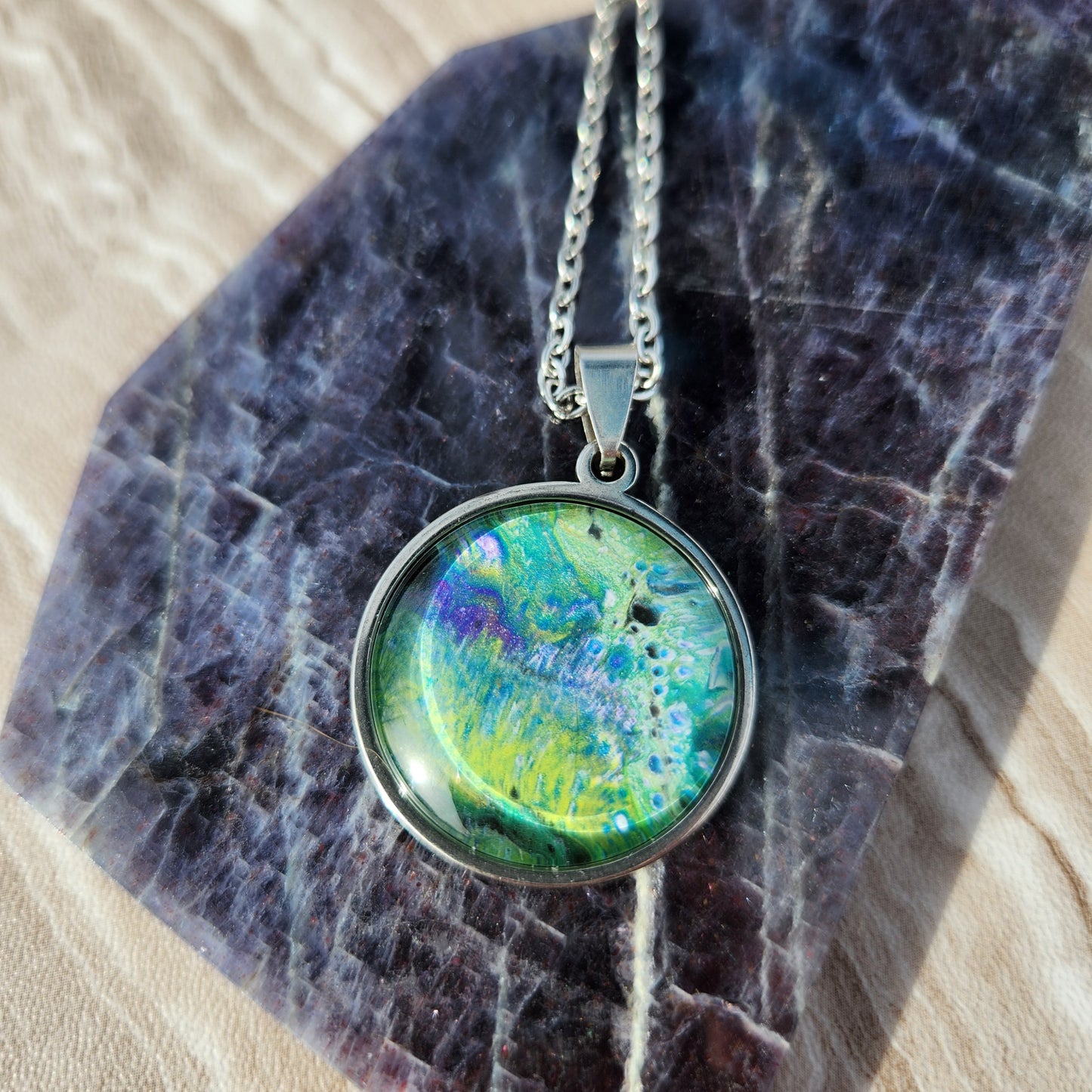 Flow Pendant - Meadow III - Hand Painted Glass Bezel Necklace - Custom Art Jewelry