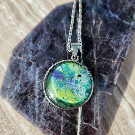 Flow Pendant - Meadow III - Hand Painted Glass Bezel Necklace - Custom Art Jewelry
