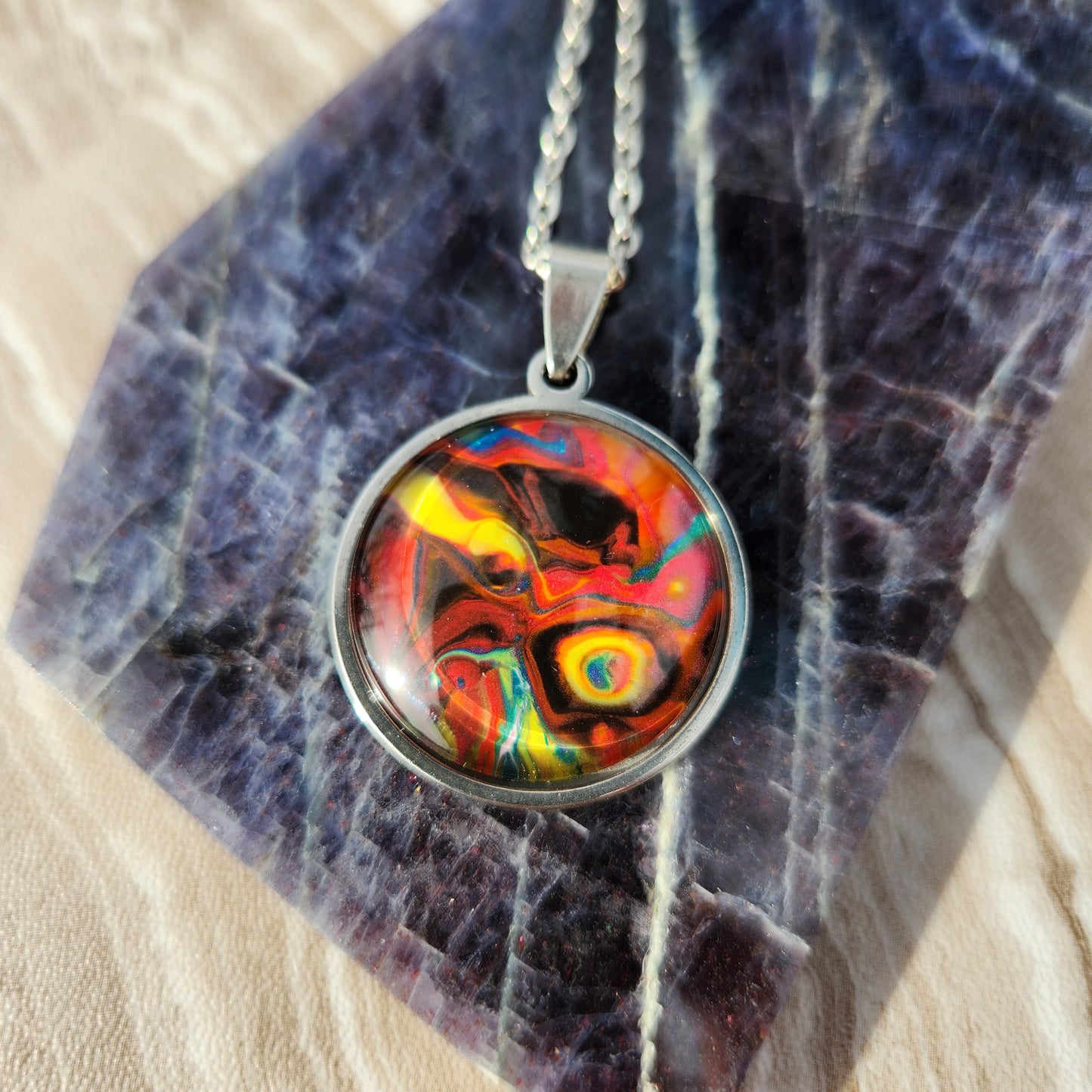 Flow Pendant - Whirligig - Hand Painted Glass Bezel Necklace - Custom Art Jewelry