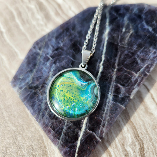 Flow Pendant - Meadow IV - Hand Painted Glass Bezel Necklace - Custom Art Jewelry