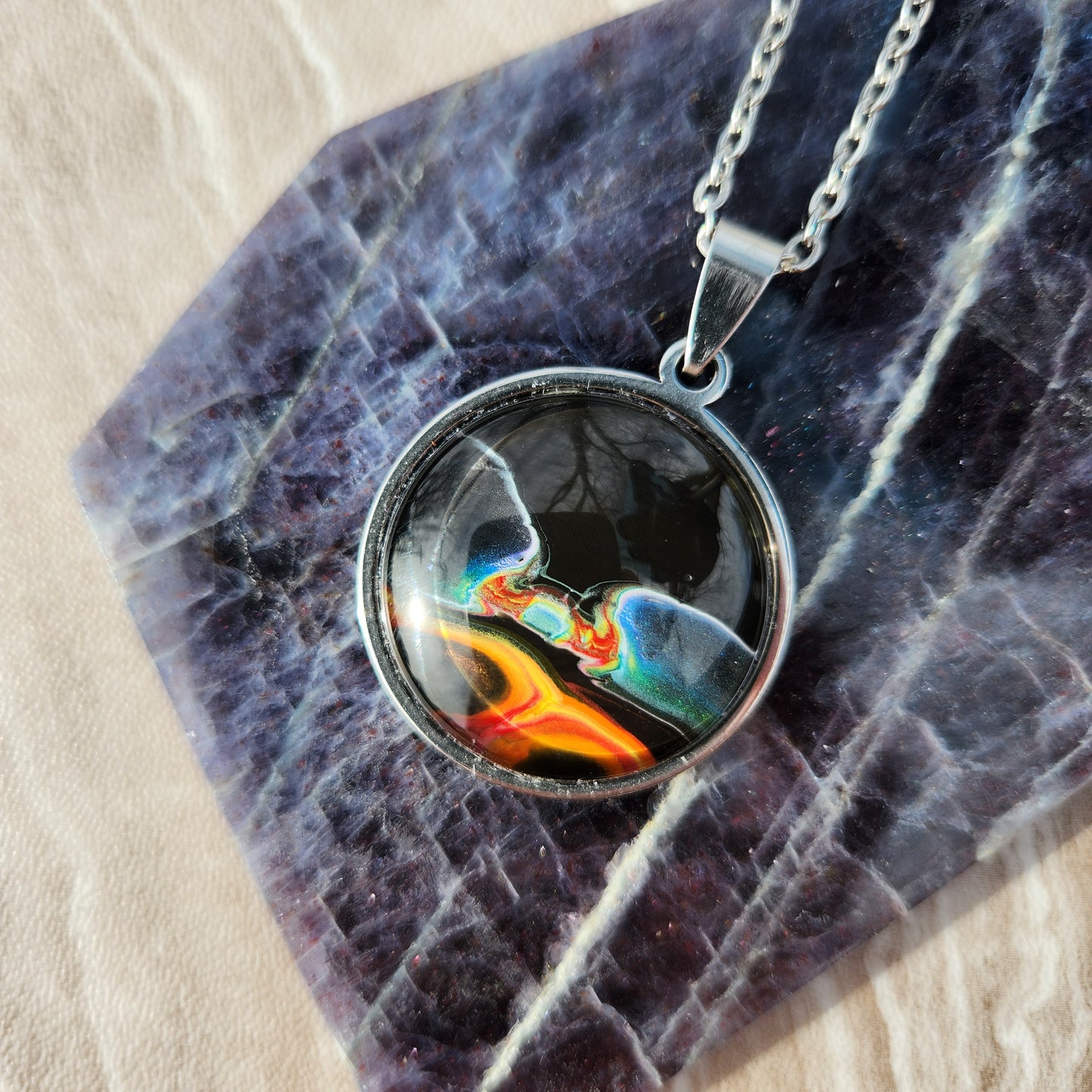 Flow Pendant - Impact - Hand Painted Glass Bezel Necklace - Custom Art Jewelry
