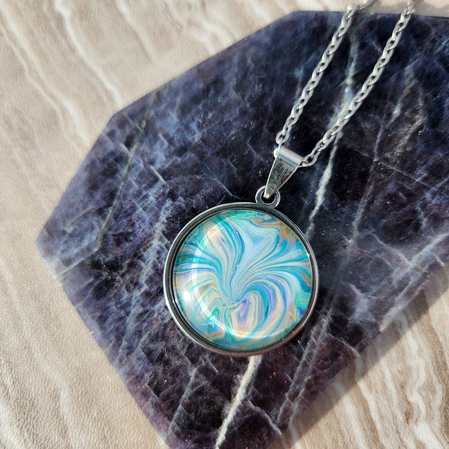 Flow Pendant - Pale Lily - Hand Painted Glass Bezel Necklace - Custom Art Jewelry