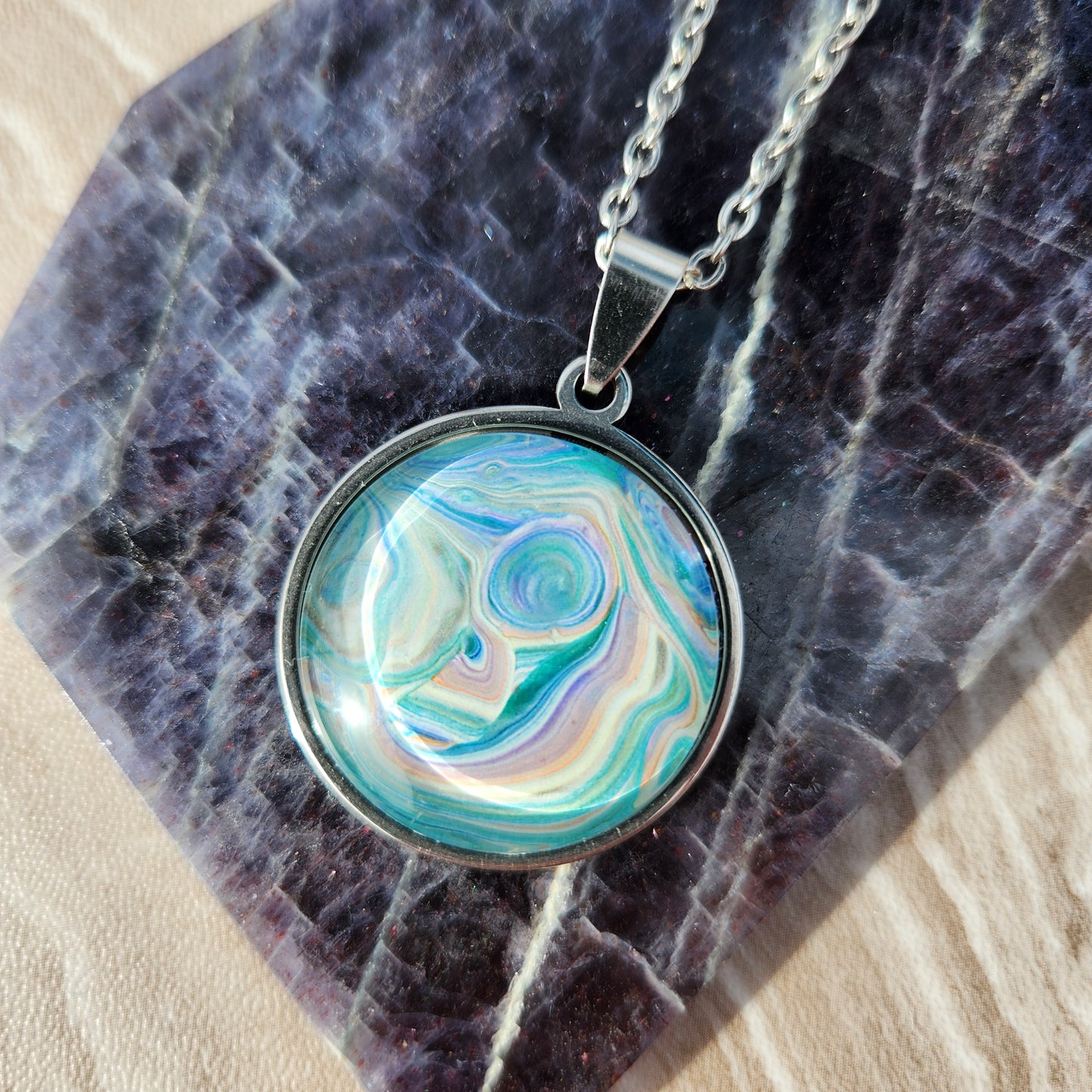 Flow Pendant - Typhoon - Hand Painted Glass Bezel Necklace - Custom Art Jewelry