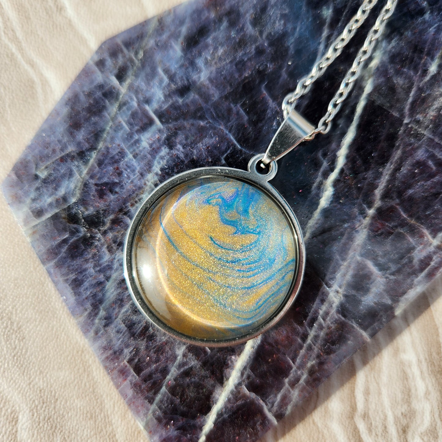 Flow Pendant - Gilded I - Hand Painted Glass Bezel Necklace - Custom Art Jewelry