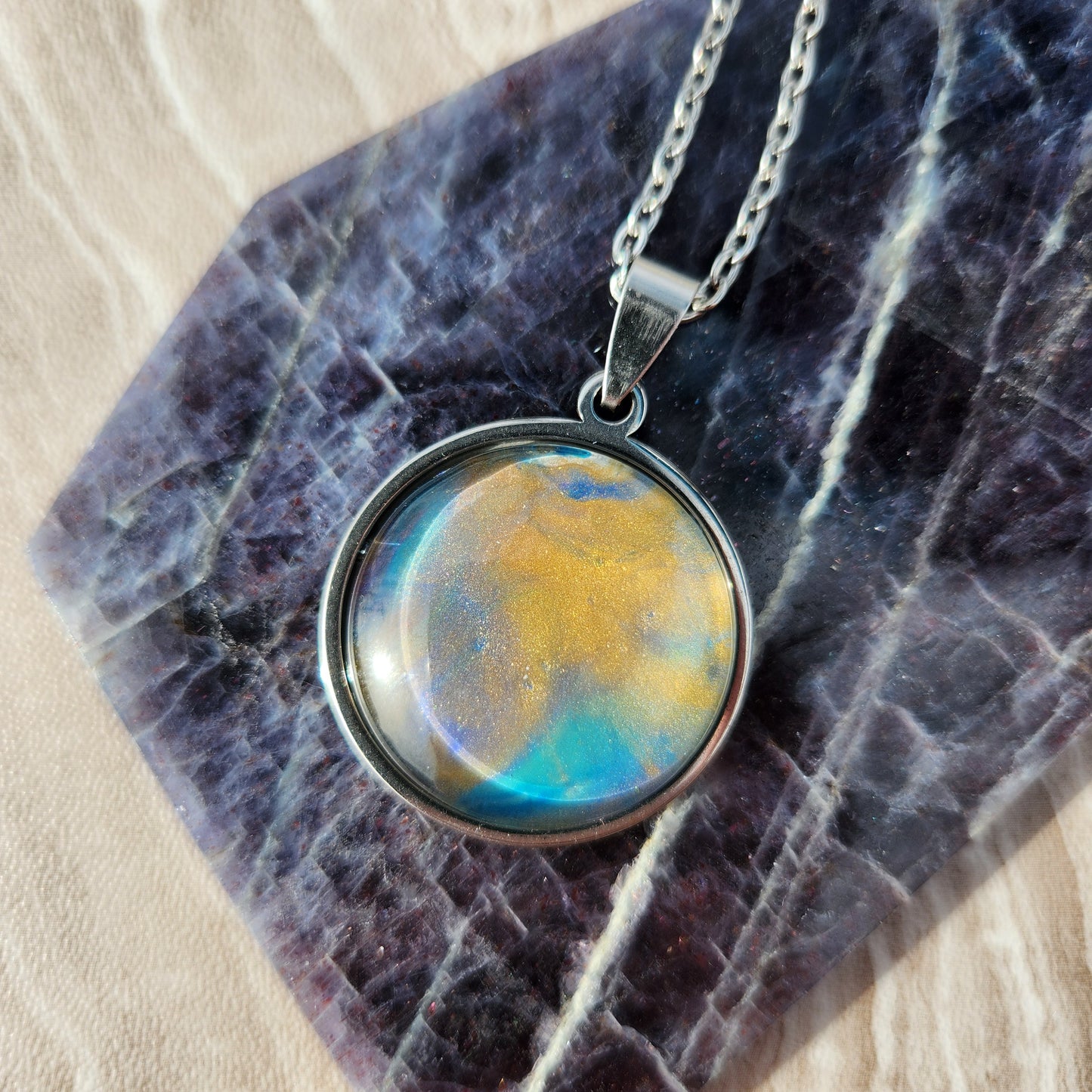 Flow Pendant - Gilded II - Hand Painted Glass Bezel Necklace - Custom Art Jewelry