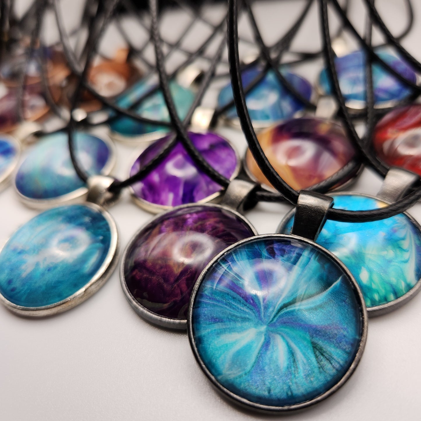 Touchstone Pendant - Gold C - Hand Painted Glass Bezel Necklace - Custom Art Jewelry - Red and Yellow Metallic Swirl