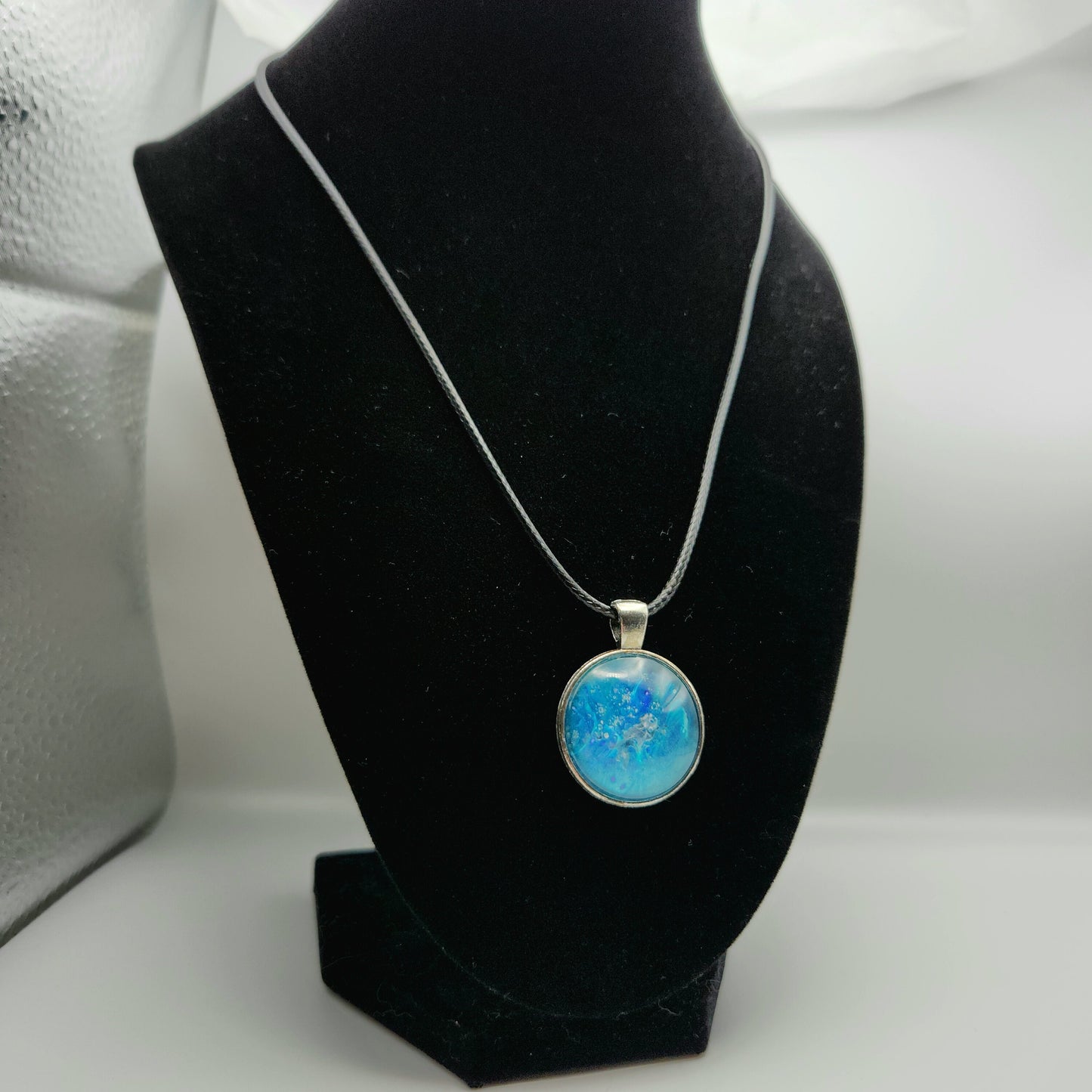 Touchstone Pendant - Silver G - Hand Painted Glass Bezel Necklace - Custom Art Jewelry - Metallic Aqua Blue, Hints of Purple, Seastone