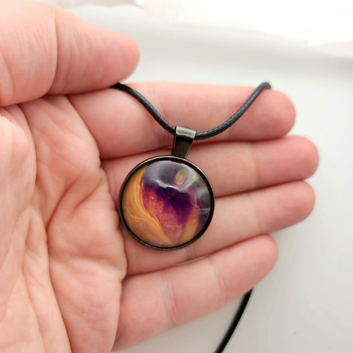 Touchstone Pendant - Antique Silver A - Hand Painted Glass Bezel Necklace - Custom Art Jewelry - Purple and Gold