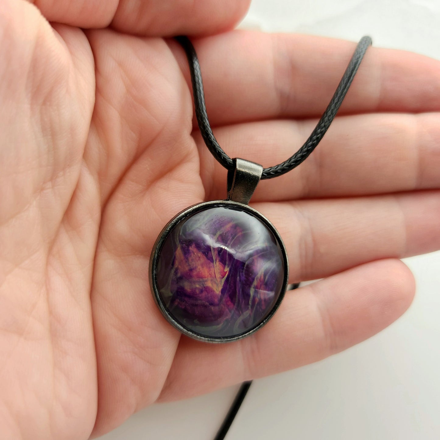 Touchstone Pendant - Antique Silver B - Hand Painted Glass Bezel Necklace - Custom Art Jewelry - Shimmering Metallic Purple