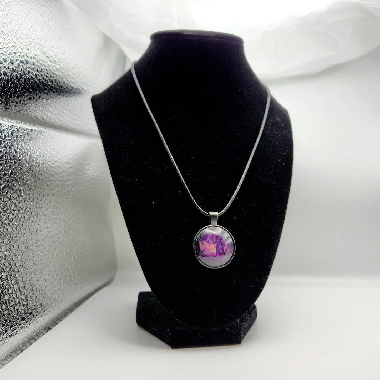 Touchstone Pendant - Antique Silver B - Hand Painted Glass Bezel Necklace - Custom Art Jewelry - Shimmering Metallic Purple