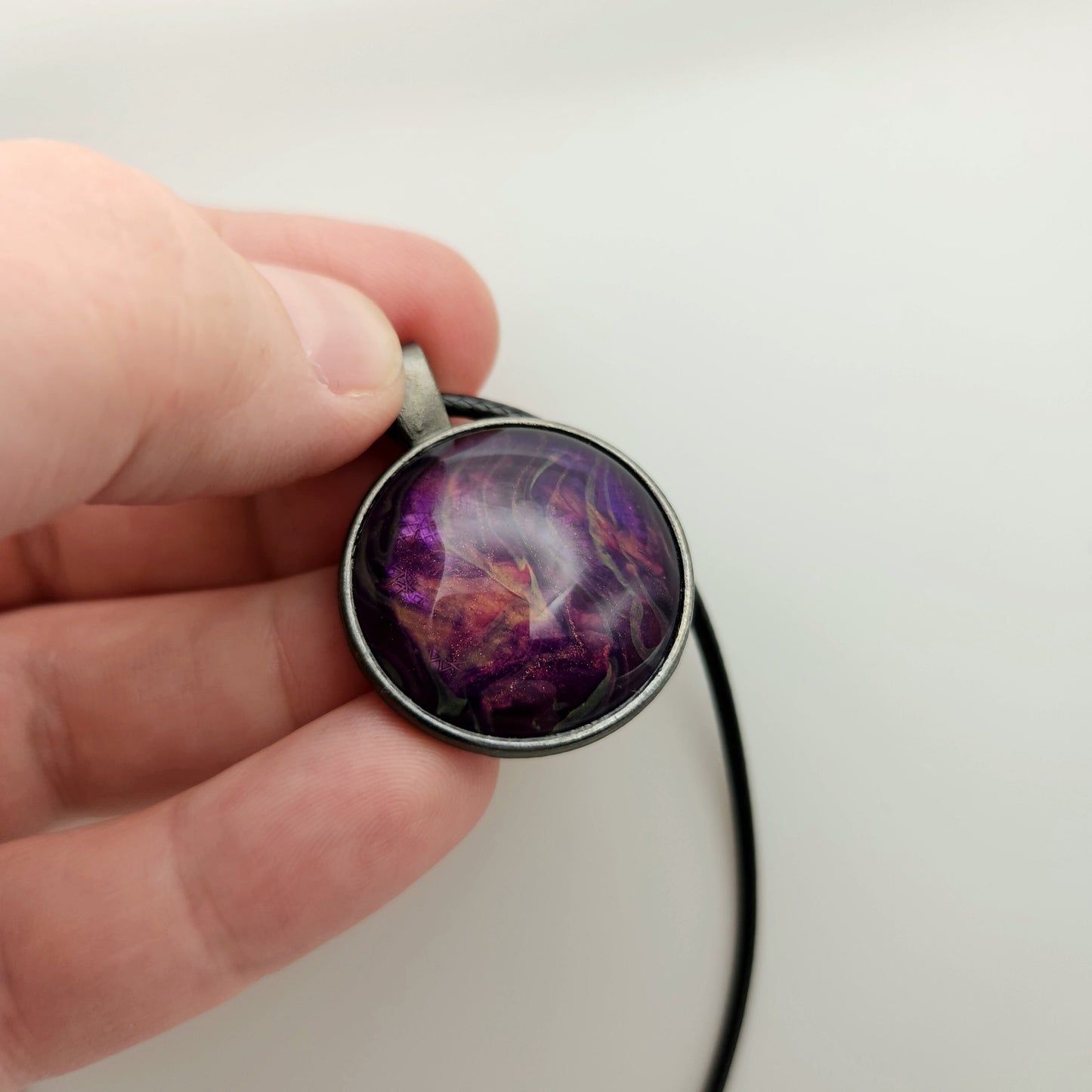 Touchstone Pendant - Antique Silver B - Hand Painted Glass Bezel Necklace - Custom Art Jewelry - Shimmering Metallic Purple