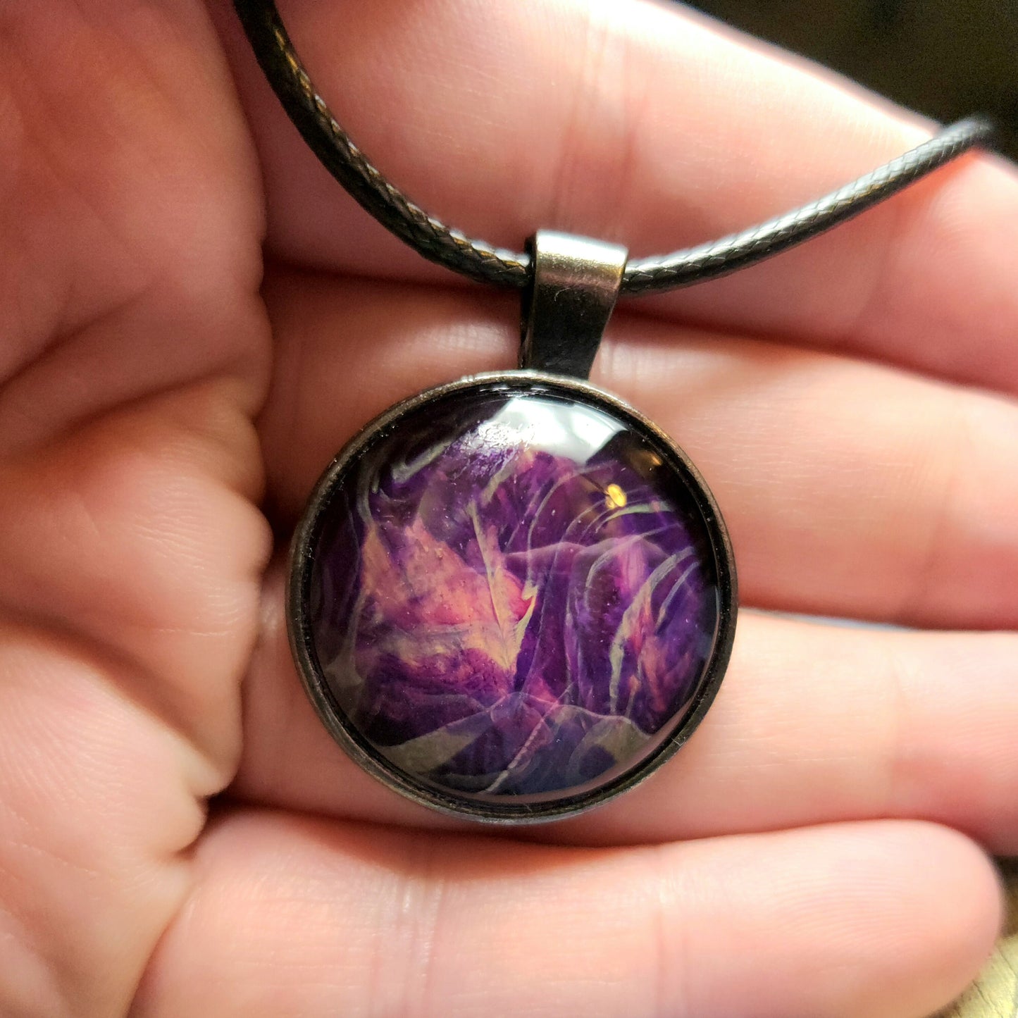 Touchstone Pendant - Antique Silver B - Hand Painted Glass Bezel Necklace - Custom Art Jewelry - Shimmering Metallic Purple