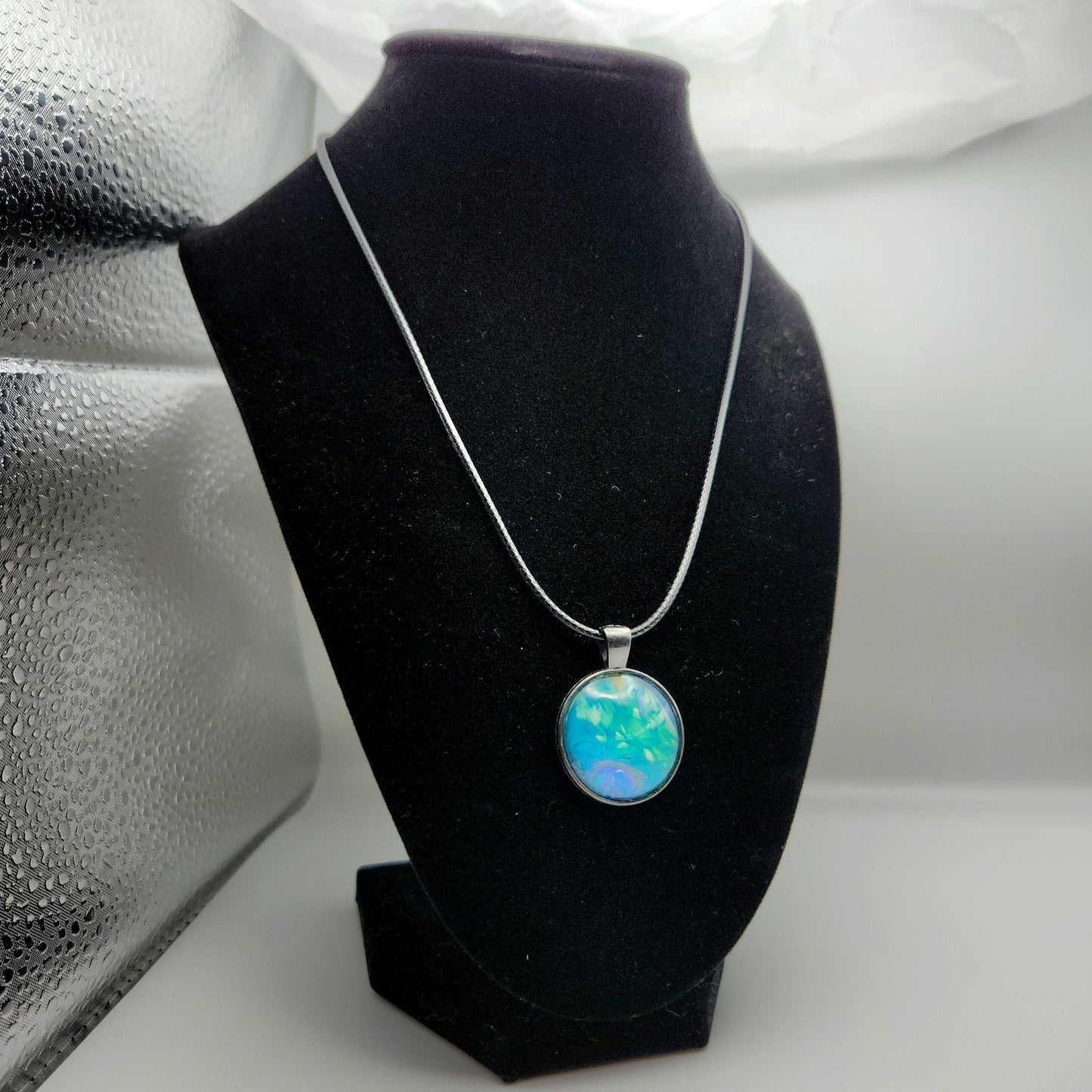 Touchstone Pendant - Antique Silver D - Hand Painted Glass Bezel Necklace - Custom Art Jewelry - Blue, Green, and Purple Metallic