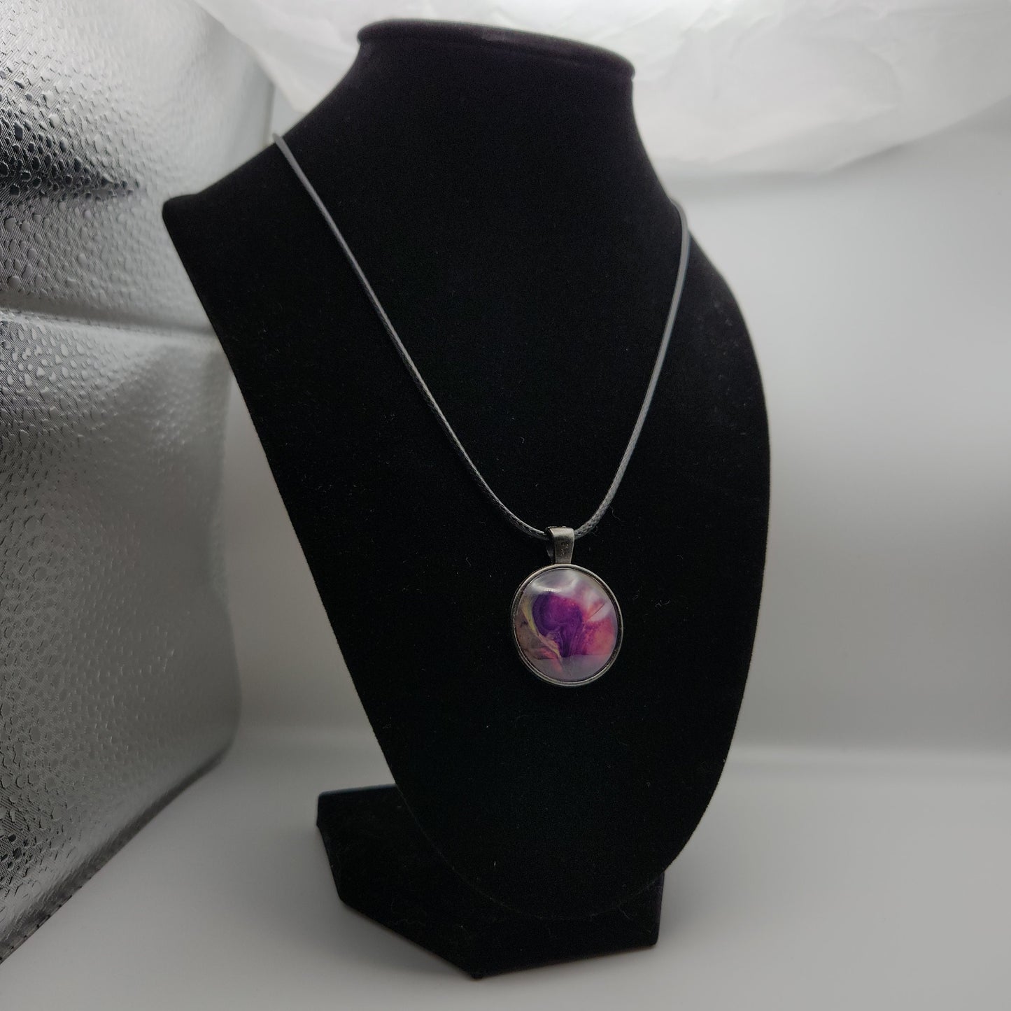 Touchstone Pendant - Antique Silver E - Hand Painted Glass Bezel Necklace - Custom Art Jewelry - Purple, Pink, and Gold Metallic