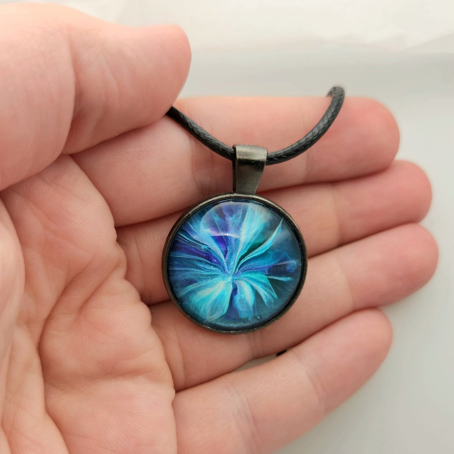 Touchstone Pendant - Antique Silver F - Hand Painted Glass Bezel Necklace - Custom Art Jewelry - Blue and Green Metallic, Floral Flower