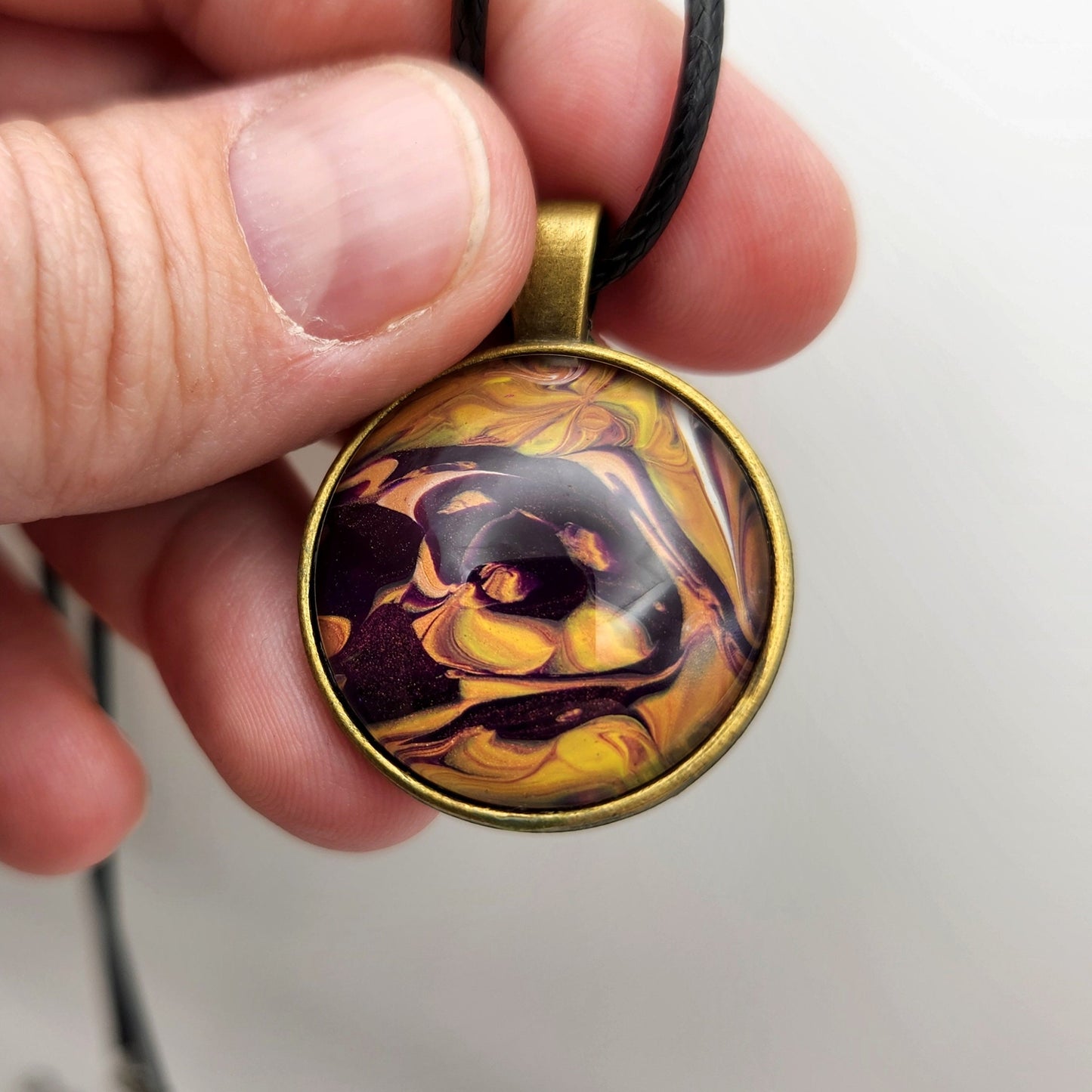 Touchstone Pendant - Bronze B - Hand Painted Glass Bezel Necklace - Custom Art Jewelry - Purple and Gold Metallic