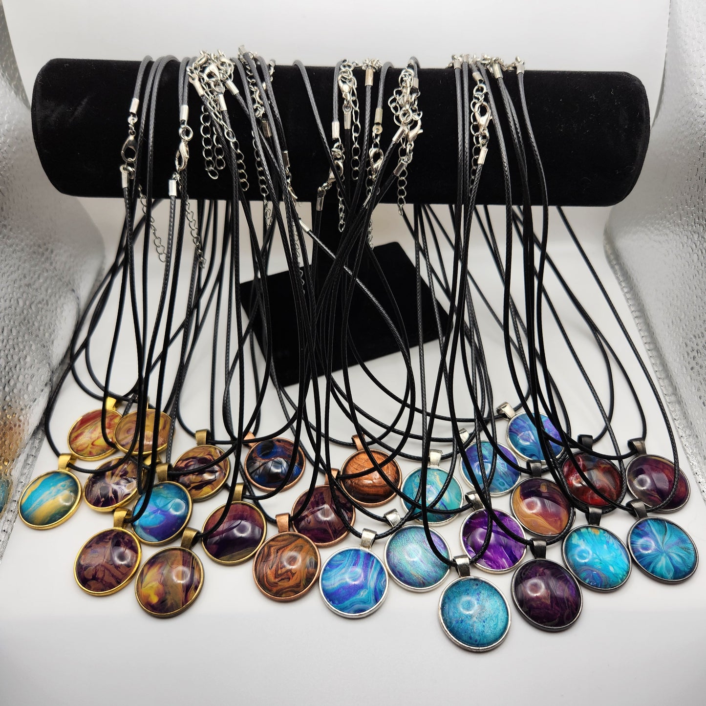 Touchstone Pendant - Silver B - Hand Painted Glass Bezel Necklace - Custom Art Jewelry - Purple and Blue Metallic, Bubbles and Flow