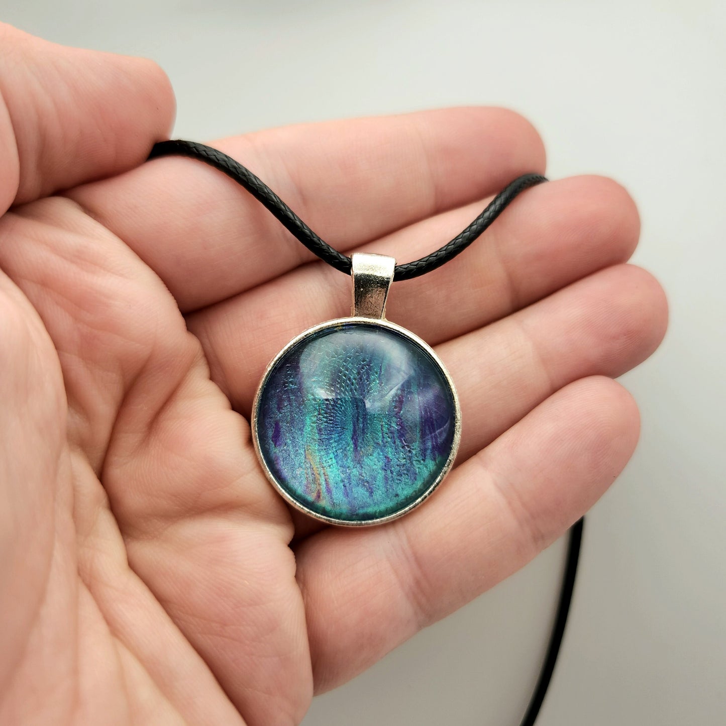 Touchstone Pendant - Silver D - Hand Painted Glass Bezel Necklace - Custom Art Jewelry - Blue, Aqua, and Purple Metallic, Ocean Current