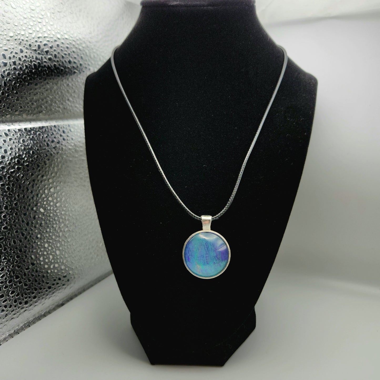 Touchstone Pendant - Silver D - Hand Painted Glass Bezel Necklace - Custom Art Jewelry - Blue, Aqua, and Purple Metallic, Ocean Current