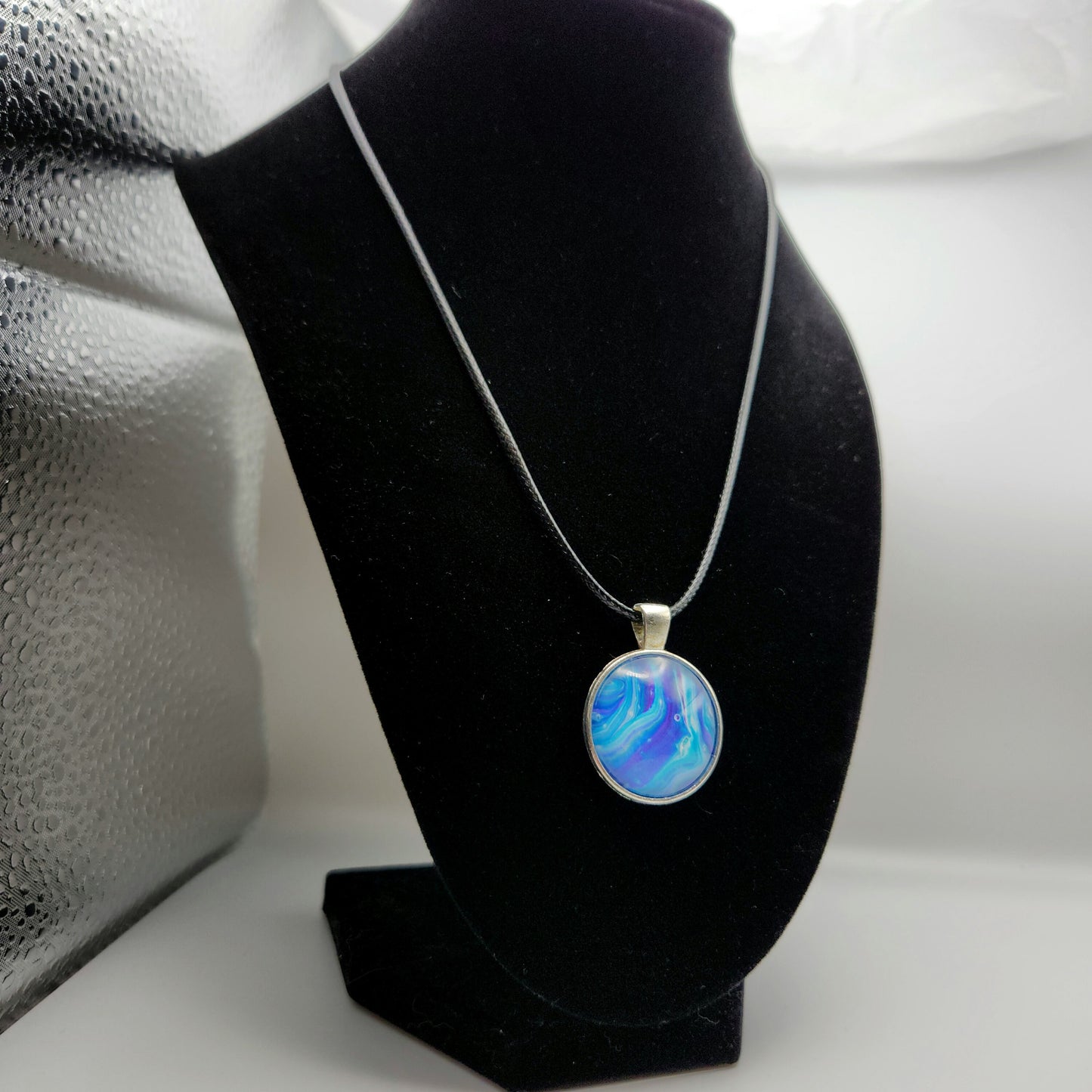 Touchstone Pendant - Silver E - Hand Painted Glass Bezel Necklace - Custom Art Jewelry - Shades of Metallic Blue, Ribbons
