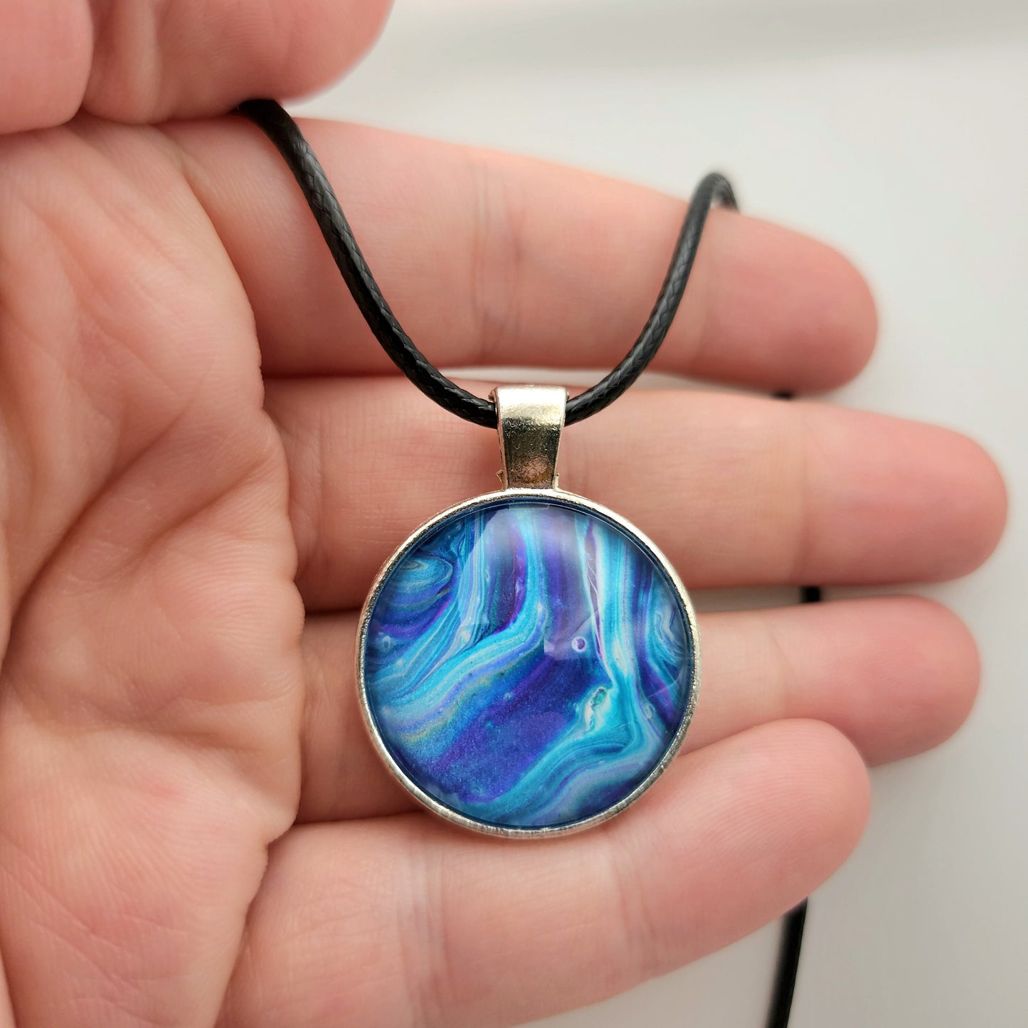 Touchstone Pendant - Silver E - Hand Painted Glass Bezel Necklace - Custom Art Jewelry - Shades of Metallic Blue, Ribbons